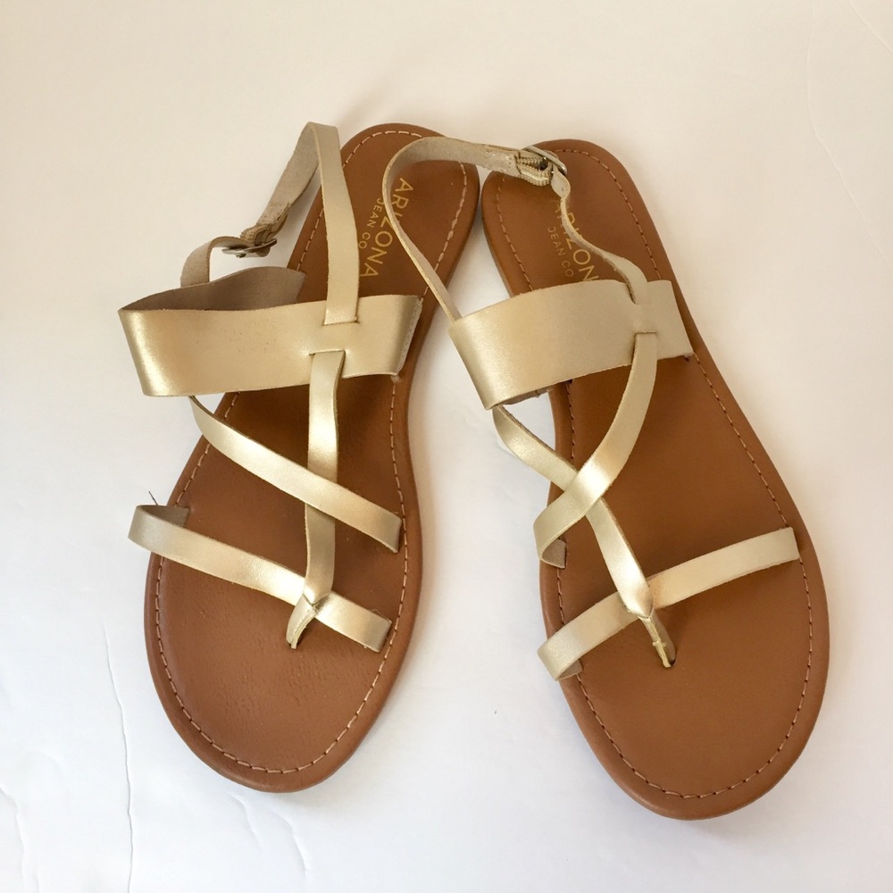 GOLD STRAP SANDALS FLAT ROMAN OPEN TOE 8